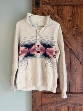 Ariat Cream Quarter-Zip Pullover with Pink & Navy Aztec Stripe